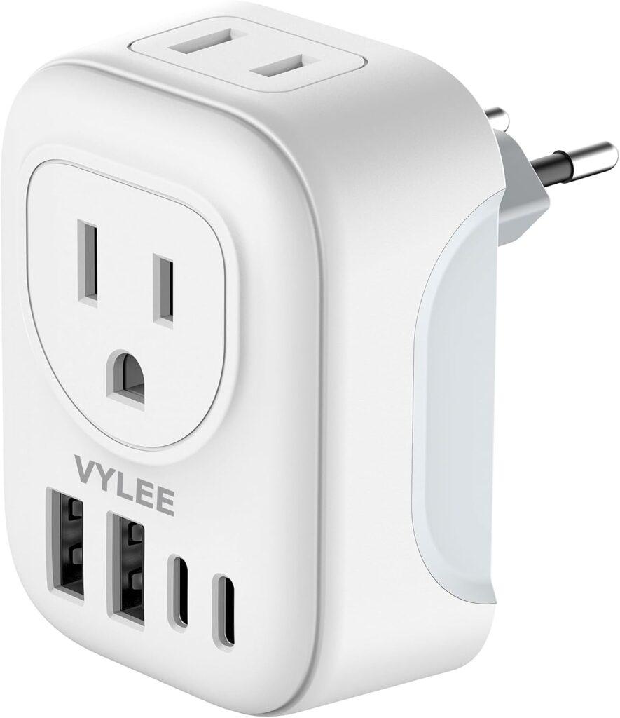 VYLEE Travel Plug Adapter for Europe, 2 AC Outlets, 2 USB-C, 2 USB Ports