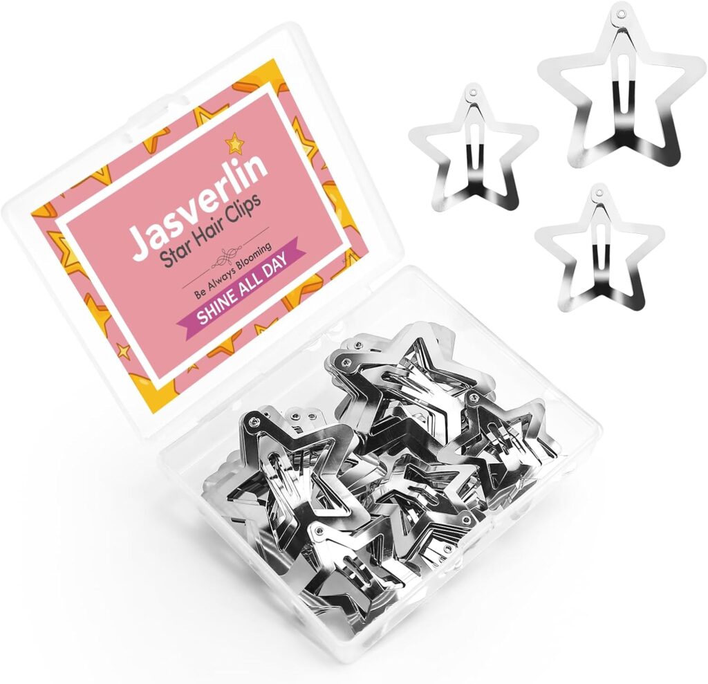 JASVERLIN Metal Star Hair Snap Clips, Silver Y2K Accessories 50 Pcs