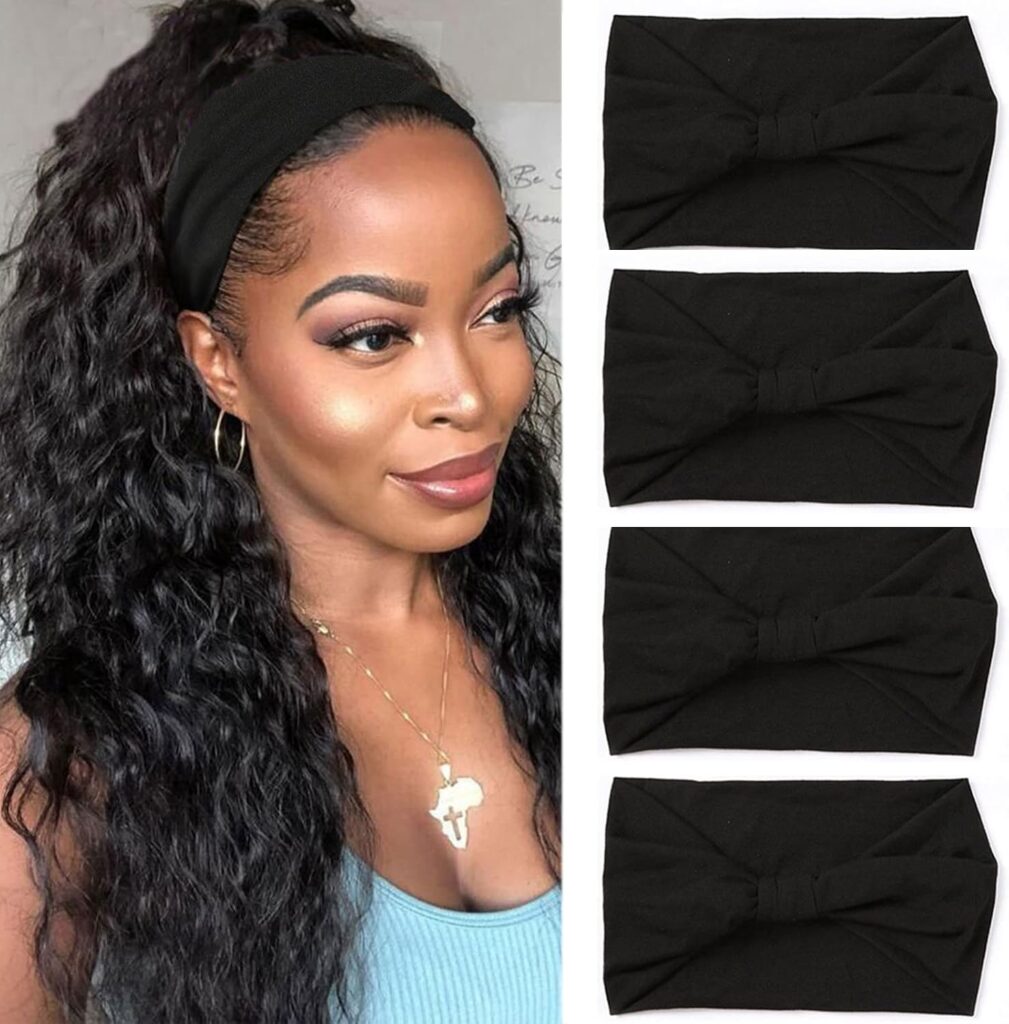 XTREND 4 Packs Wide Headbands Fashion Bandana Bohemian Style Elastic Knotted Non-Slip Headband Black…