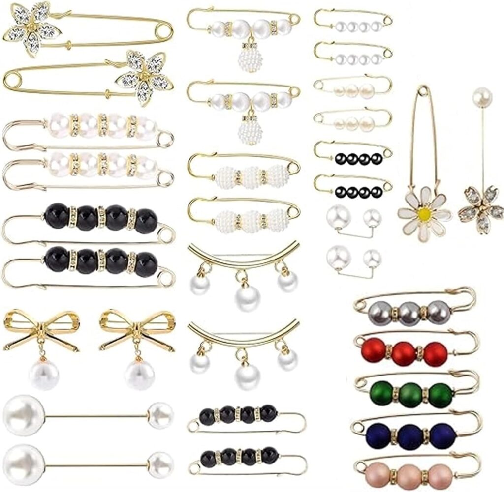 33 Pearl Brooch, Waistband Tightener Safety pin Sweater Shawl hat Clip Collar pin Imitation Pearl Br…