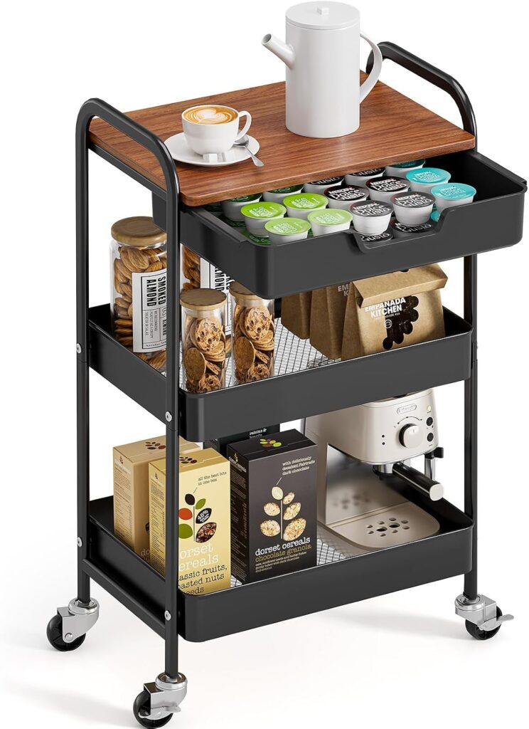 TOOLF 3 Tier Rolling Cart with Drawer, Metal Utility Storage Cart, Black
