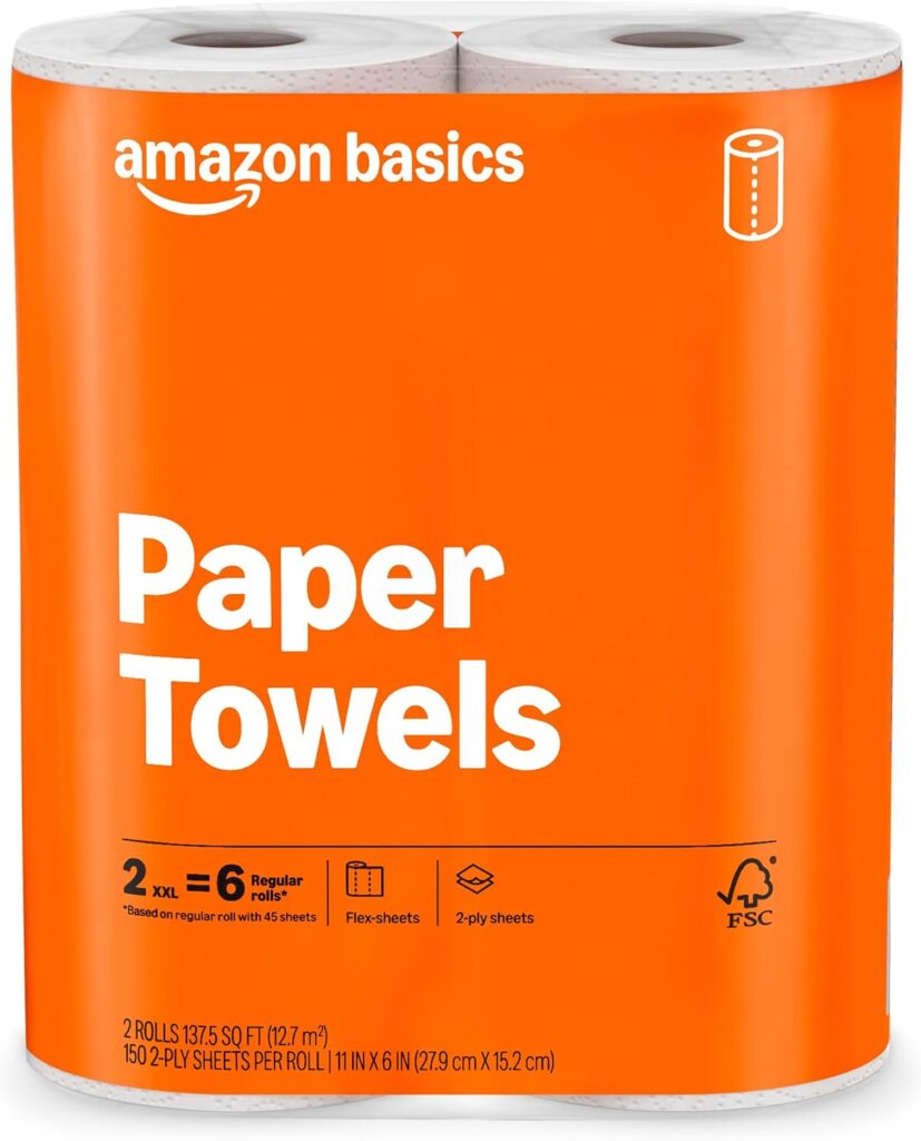 Amazon Basics FSC-Certified 2-Ply Flex-Sheets Paper Towels, 150 Sheets per Roll, 2 Basics Rolls = 6 …