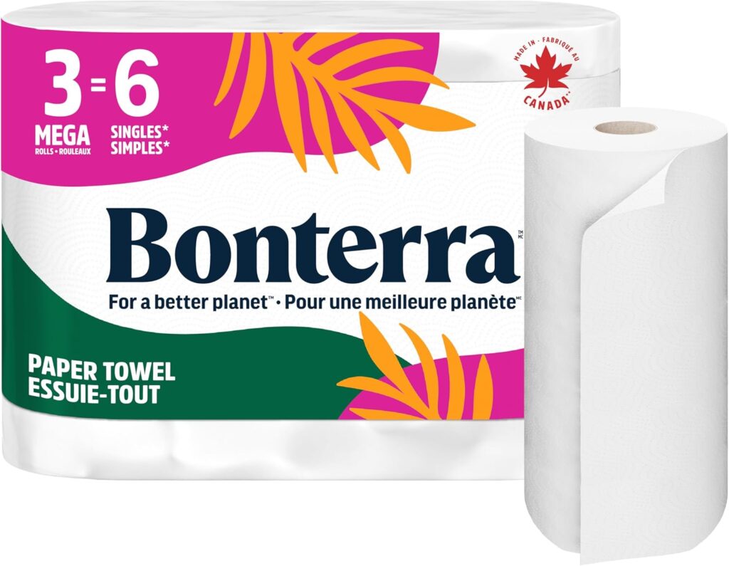 Bonterra Responsibly Sourced Paper Towels, Strong & Absorbent, 3=6 Mega Rolls, 160 Sheets per roll =…