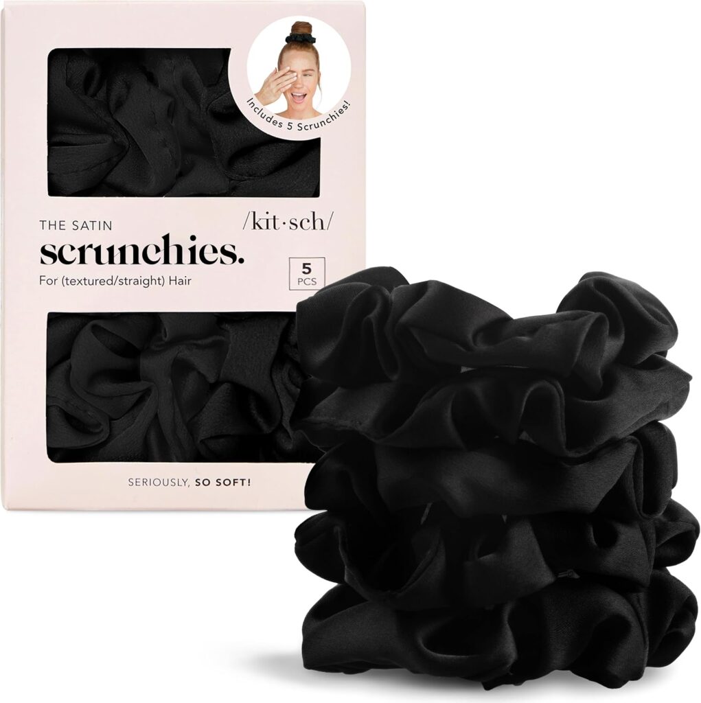 Kitsch Satin Scrunchies for Women For All Hair Types – Black, 5pcs