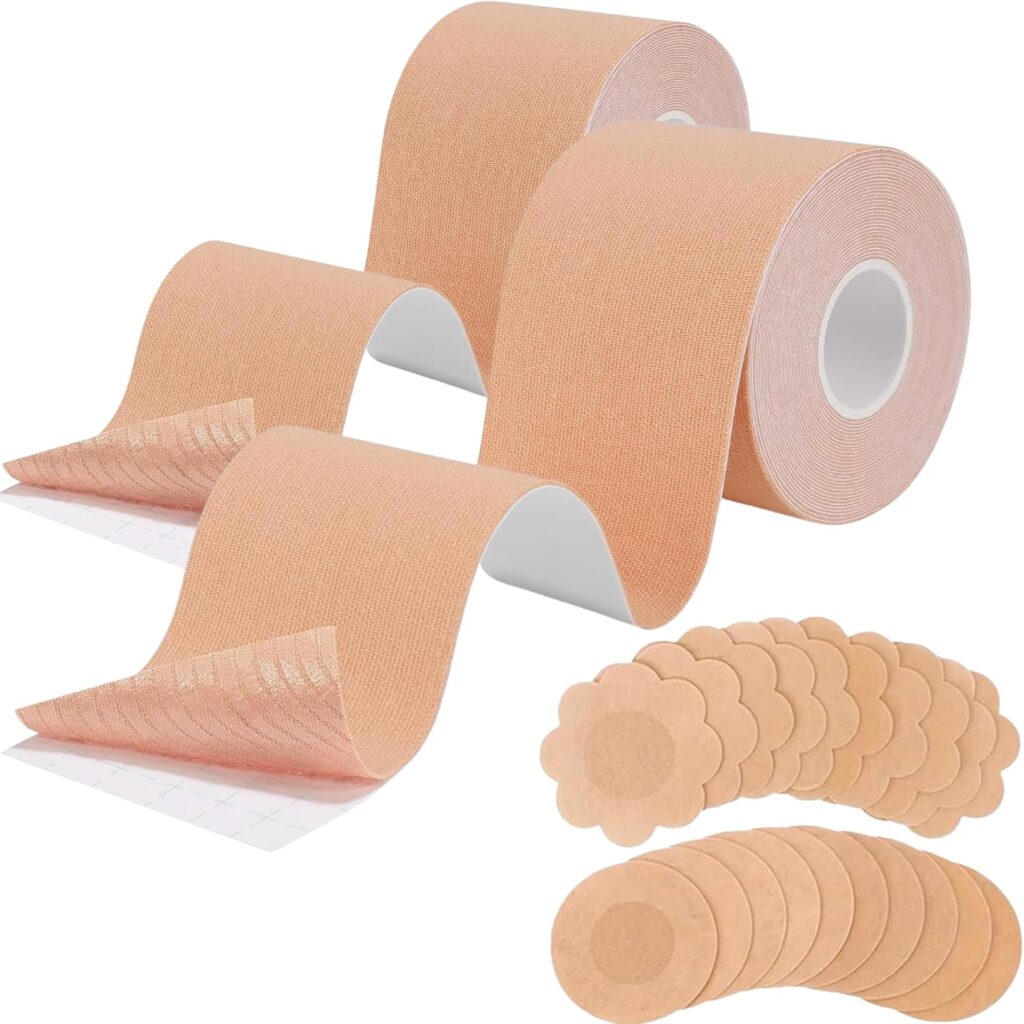 2 Rolls Boob Tape 5CM*5M with 20 Pieces Nipple Cover,Body Tape for Women A-E Cup Nude,Breathable Boo…