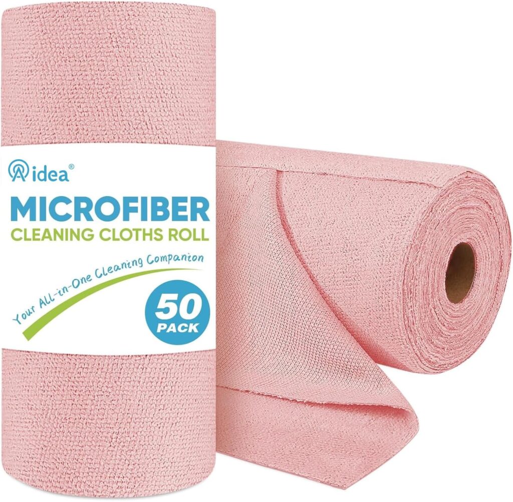 AIDEA Microfiber Cleaning Cloth Roll Pink-50PK, Microfiber Towels for Cars, Commercial Shop Rags, Te…