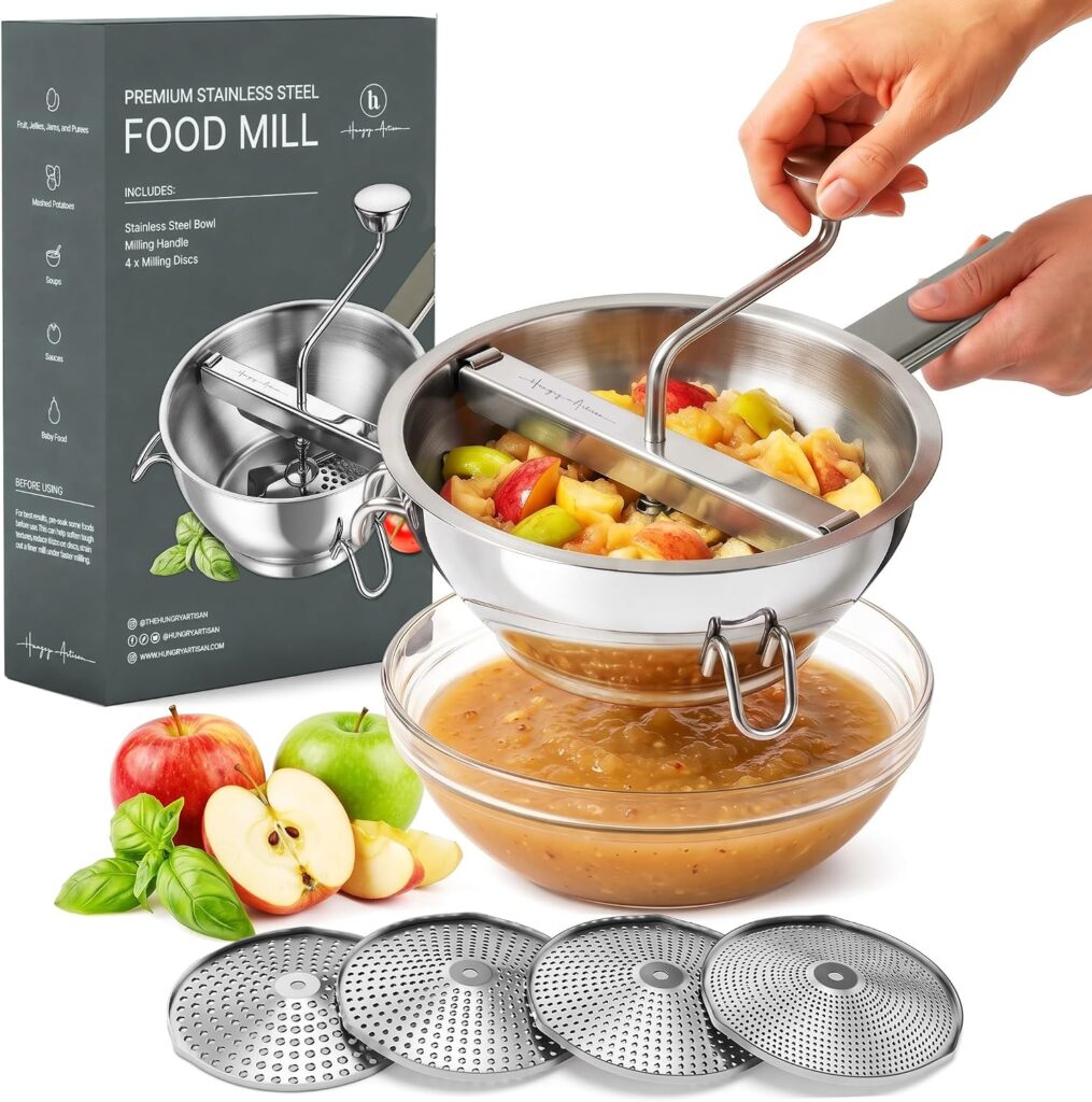 Premium 4-Disc Stainless Steel Food Mill – Ergonomic Rotary Hand Crank for Tomato Sauce, Canning, Ap…
