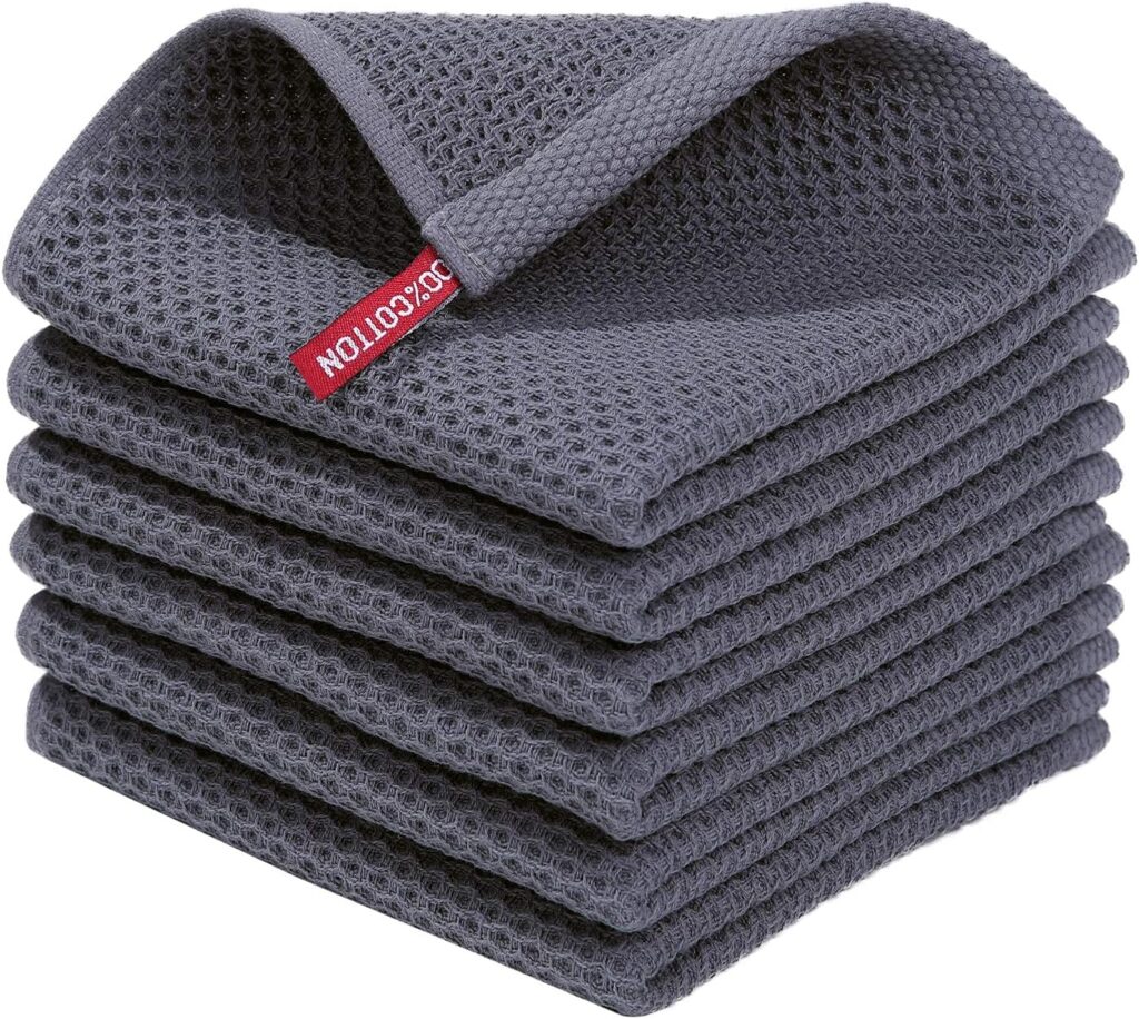smiry Cotton Kitchen Dish Towels, 12″x12″, 6 Pack Waffle Weave Dish Cloths