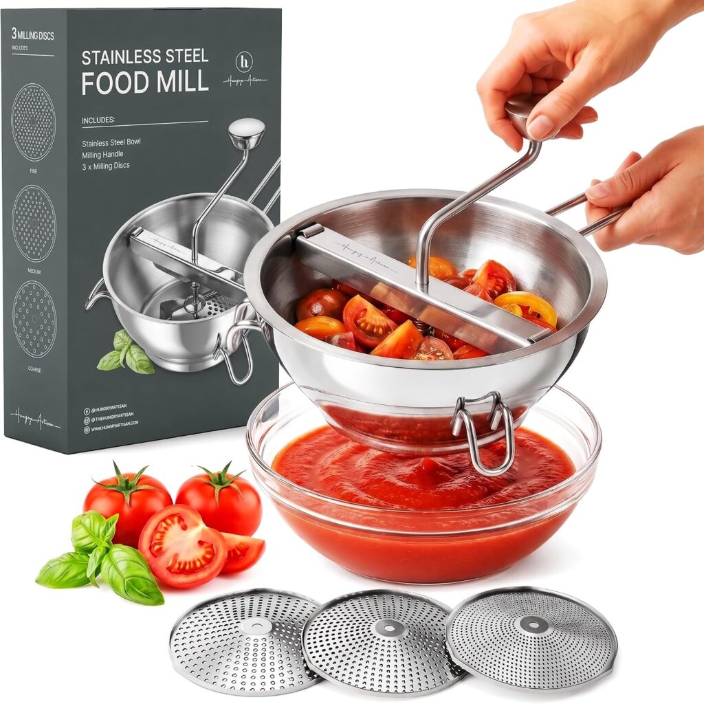 Ergonomic Food Mill Stainless Steel with 3 Grinding Milling Discs-Rotary Food Mill for Tomato Sauce,…